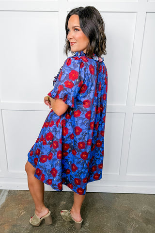 Midnight Bloom Pleated Ruffle Dress