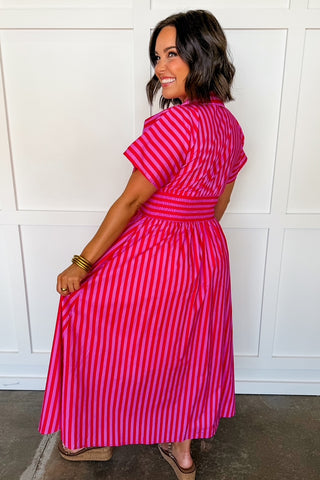 Best Selling Krissy Zip-up Maxi Stripe Dress in Hot Pink Red Stripes
