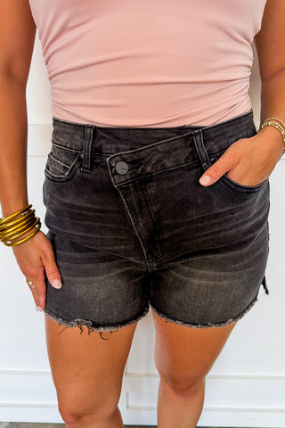 The Rachel Black Crossover Denim Shorts by Mica
