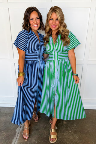 Best Selling Krissy Zip-up Maxi Stripe Dress in Green & Blue Stripes