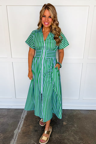 Best Selling Krissy Zip-up Maxi Stripe Dress in Green & Blue Stripes