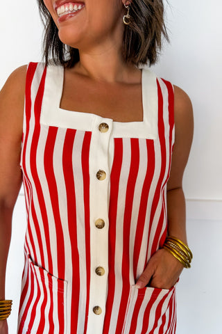 Boardwalk Stripe Button Mini Dress in Red