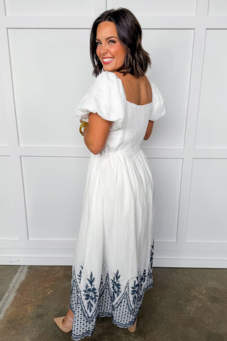 Ivory Tide Sweetheart Neck Navy Embroidered Hem Midi Dress