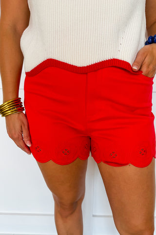 Sweet Scallop Eyelet Shorts in Red