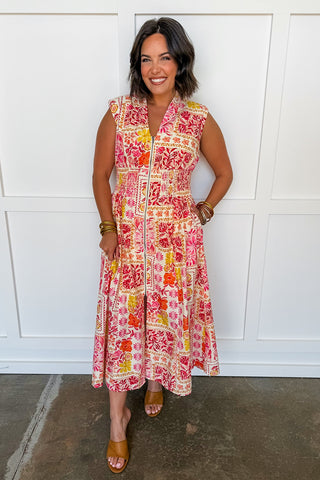 Best Selling Krissy Zip-up Midi Dress in Tropical Floral Patchwork