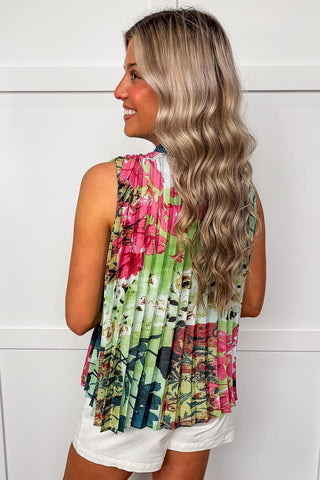 Bright Blooms Pleated Sleeveless Blouse