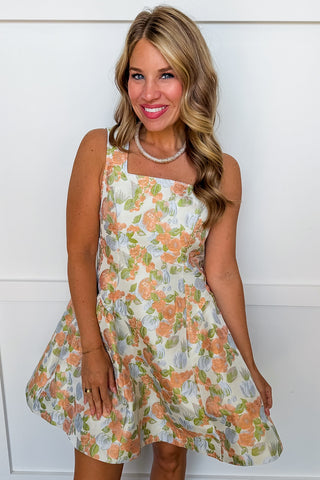 The Eliza Garden Dress in Blue & Peach