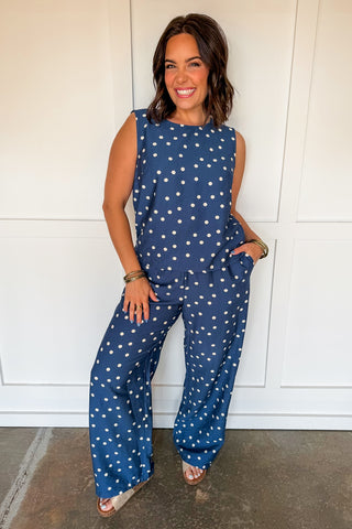 Classic Dot Elastic Pants in Dusty Blue