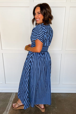 Best Selling Krissy Zip-up Maxi Stripe Dress in Navy