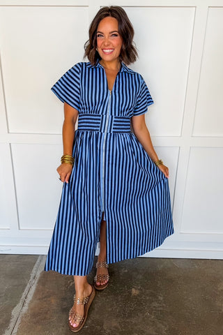 Best Selling Krissy Zip-up Maxi Stripe Dress in Navy