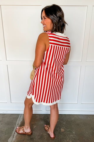 Boardwalk Stripe Button Mini Dress in Red