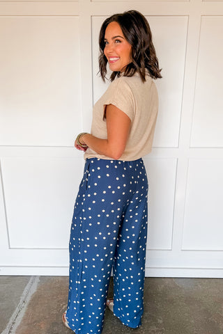 Classic Dot Elastic Pants in Dusty Blue