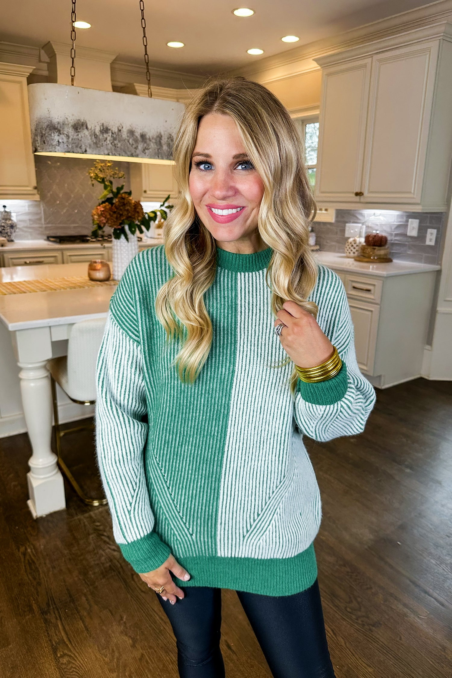 Two Tone Green Ribbed Sweater