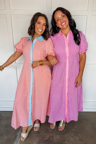 Sweet Caroline Contrast Trim Midi Dress in Pink