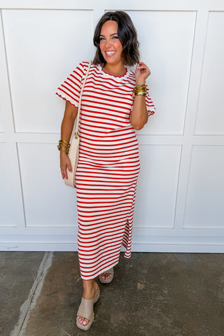 Red & White Stripe Midi Dress