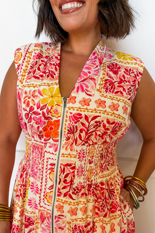 Best Selling Krissy Zip-up Midi Dress in Tropical Floral Patchwork