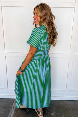 Best Selling Krissy Zip-up Maxi Stripe Dress in Green & Blue Stripes