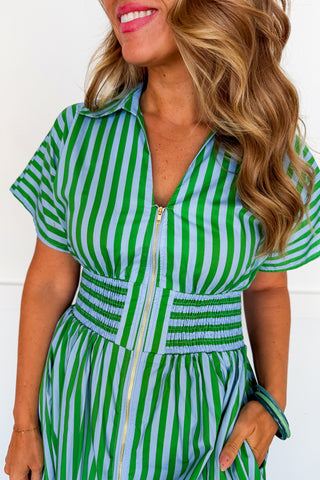 Best Selling Krissy Zip-up Maxi Stripe Dress in Green & Blue Stripes