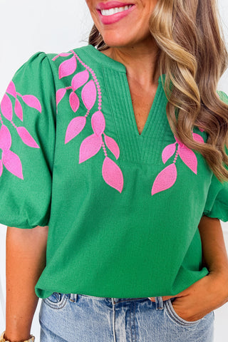 Garden Mosaic Embroidered Bubble Sleeve Top in Green