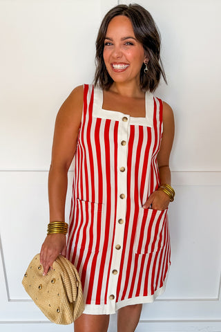 Boardwalk Stripe Button Mini Dress in Red