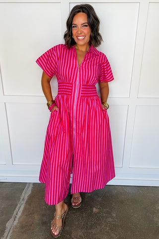 Best Selling Krissy Zip-up Maxi Stripe Dress in Hot Pink Red Stripes