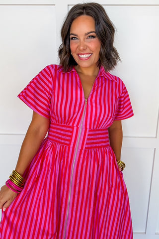 Best Selling Krissy Zip-up Maxi Stripe Dress in Hot Pink Red Stripes