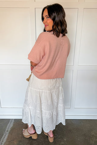 Eyelet Detail Elastic Waist Midi Skirt in White