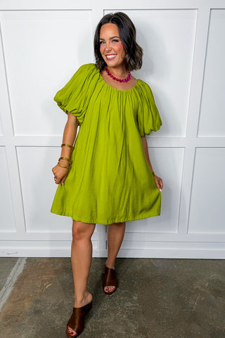 Everyday Moment Puff Sleeve Dress in Lime