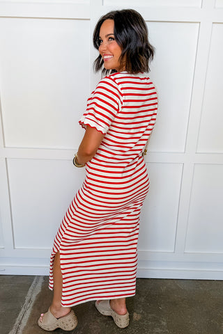 Red & White Stripe Midi Dress
