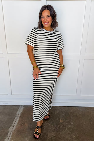 Black & Ivory Stripe Midi Dress