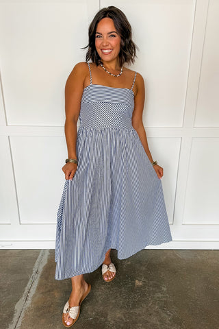 Sweet Escape Pin Stripe Midi Dress in Navy