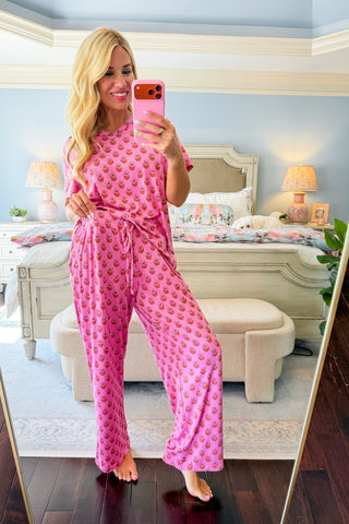 The Alli Pajama Pant Set in Floral Foulard Pink by Mary Square