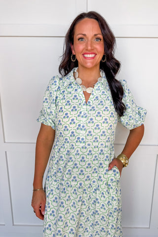 The Eloise Midi Dress in Sweetbriar Lattice Blue by Mary Square