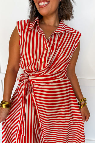Story To Tell Stripe Wrap Asymmetrical Button Down Midi Dress in Red