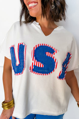 Born In The Usa Patchwork Top in Washed White
