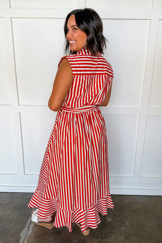 Story To Tell Stripe Wrap Asymmetrical Button Down Midi Dress in Red