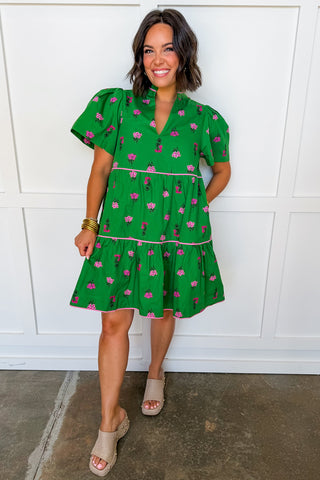 The Vivy Green & Pink Floral Tiered Dress