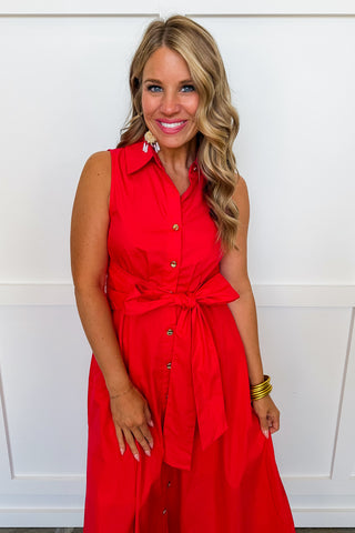 The Lily Button Down Belted Dress in Cherry Red