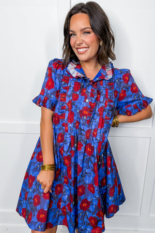 Midnight Bloom Pleated Ruffle Dress