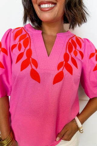 Garden Mosaic Embroidered Bubble Sleeve Top in Pink