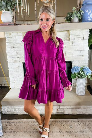 Eyelet Ruffle Sleeve Collared Tiered Long Sleeve Dress in Magenta