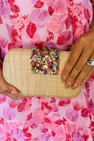The Giada Bejeweled Straw Clutch in Khaki
