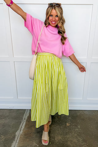 Sunlit Stroll Stripe Midi Skirt in Lime