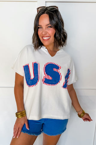 Born In The Usa Patchwork Top in Washed White