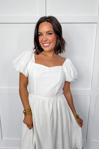 Ivory Tide Sweetheart Neck Navy Embroidered Hem Midi Dress