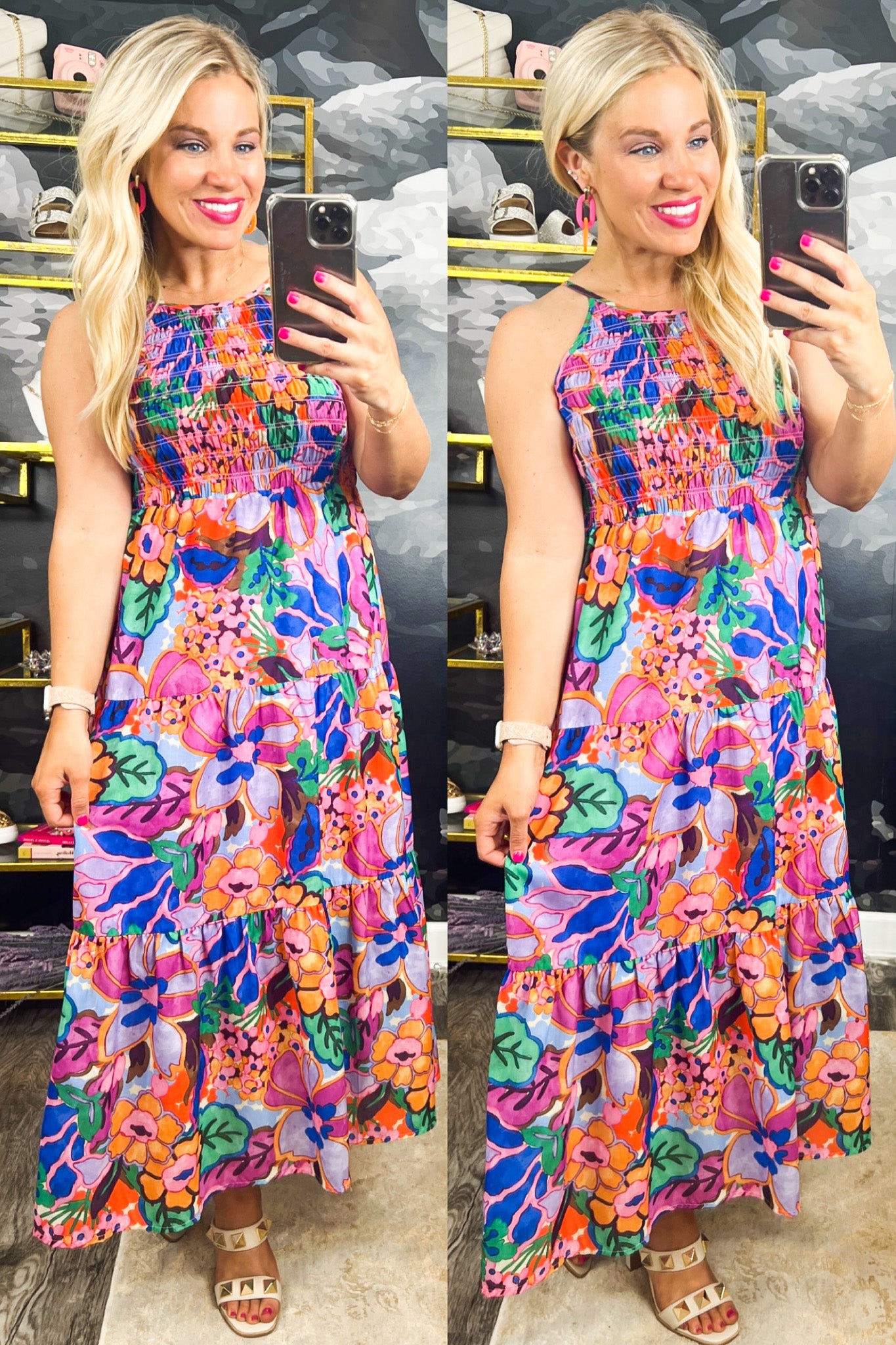 Smocked Halter Floral Midi Dress by THML