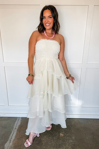 Save The Date Tiered Midi Dress in Ivory