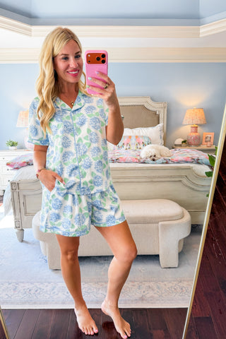 The Charlotte Pajama Short Set in Summerfair Blue by Mary Square