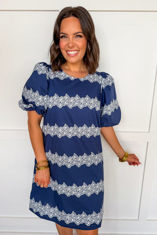 Southern Social Lace Stripe Dress in Navy