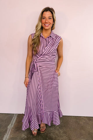 Story To Tell Stripe Wrap Button Down Midi Dress